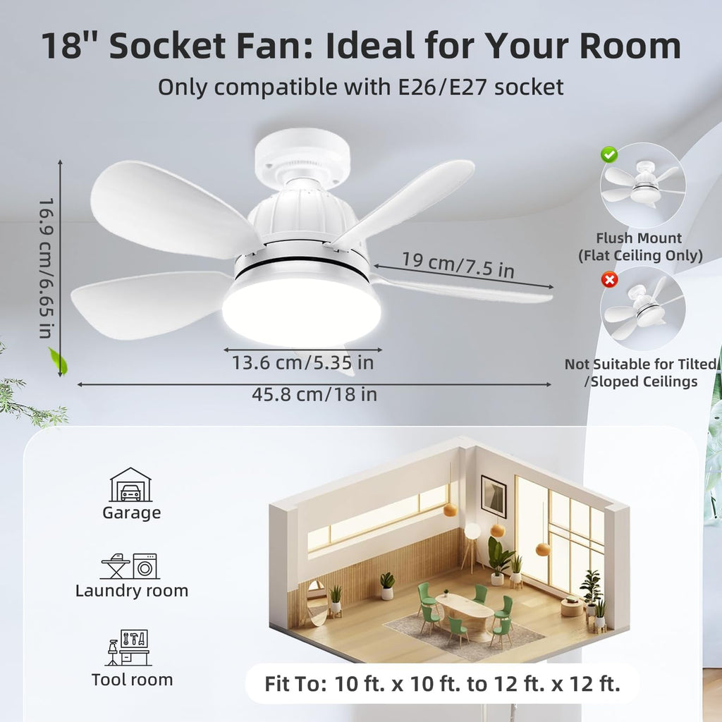 Socket Fan Light with Remote: 18'' Small Ceiling Fans with Lights, 2000 Lumens Dimmable Led Bulb, 3 Colors 3000K-6500K, Easy Install Screw in E26 Base for Bedroom Living Room Kitchen Garage