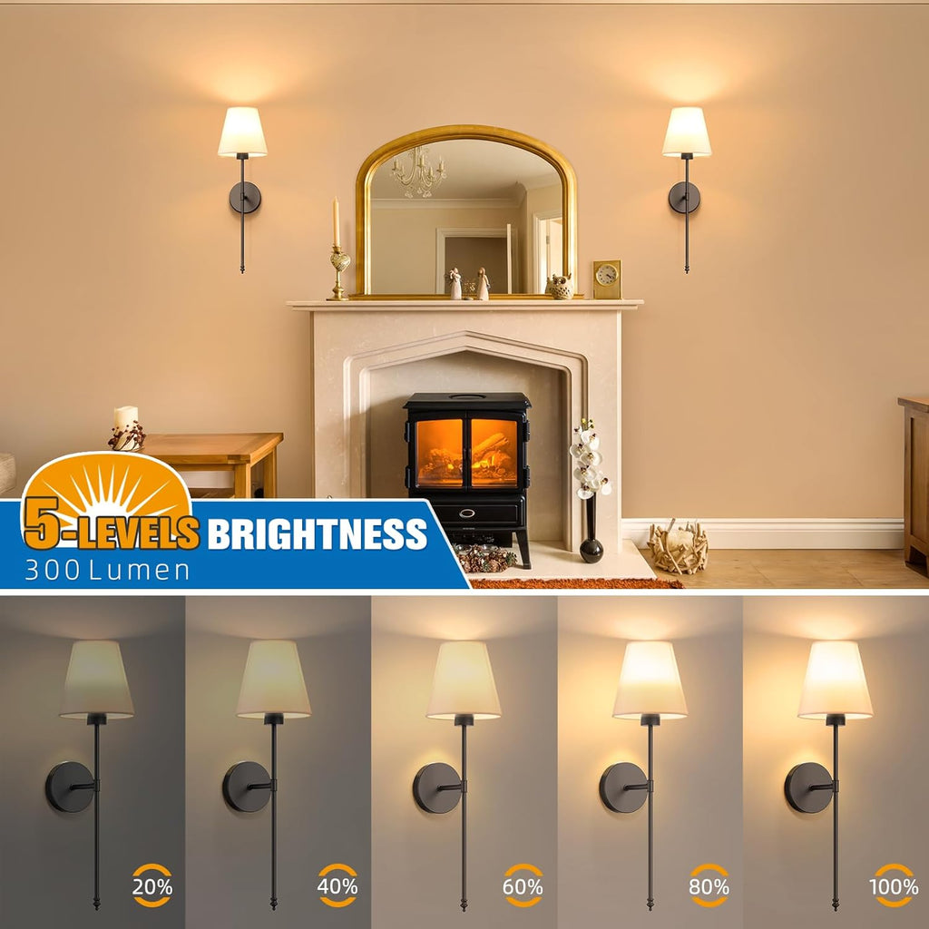 Battery Operated Wall Sconce Set of 2,Black Rechargeable Wall Lights with 10400mAh Dimmable Bulbs and Remote,10