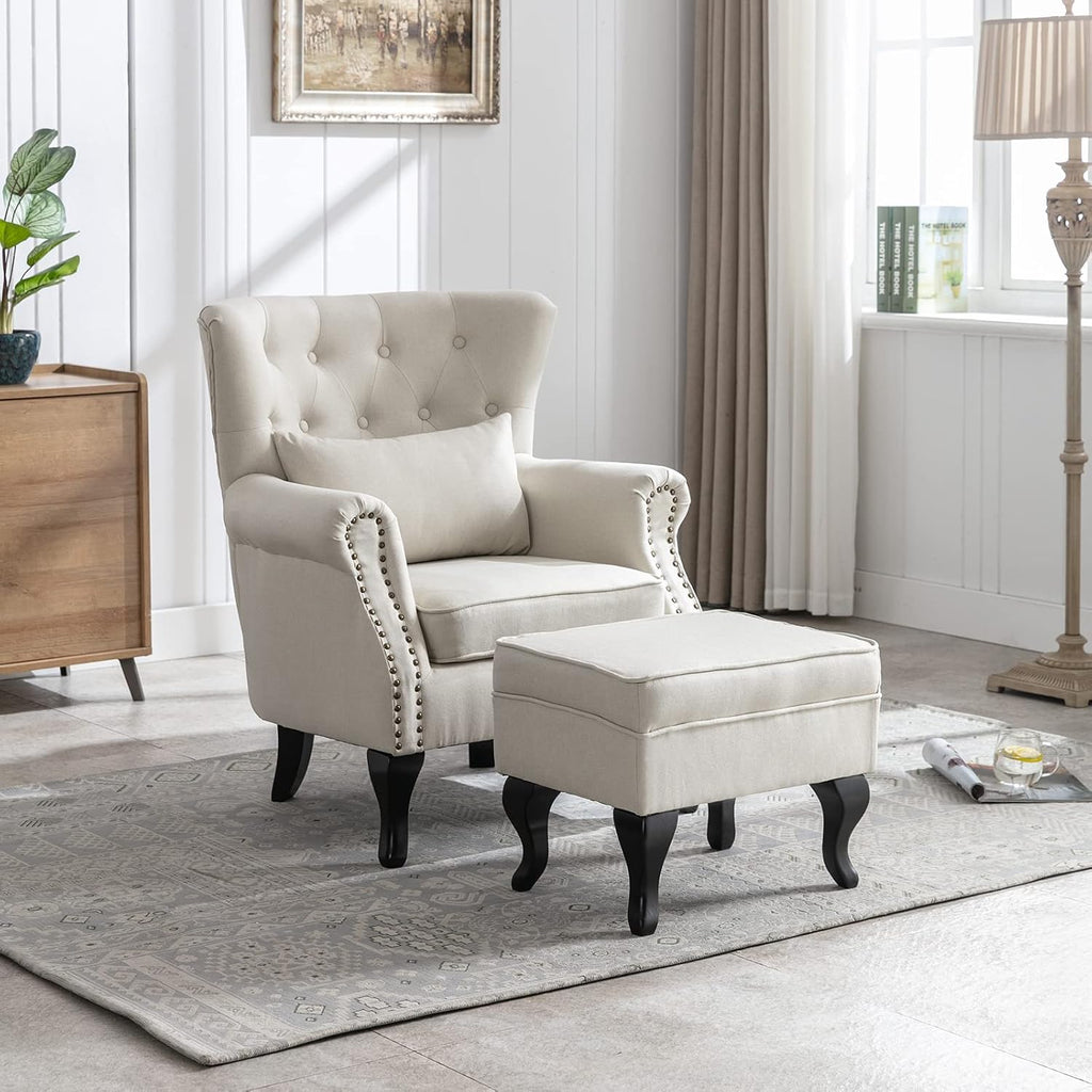 Accent Reading Arm Chairs with Ottoman Bedroom, Midcentury Modern Comfy Corner Sofa Chair, Wingback Waiting Room Club