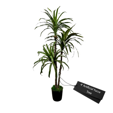 Handmade 4ft Artificial Yucca Plant | Tree with Real Wood Trunks, Hypoallergenic, 4 Foot, Green