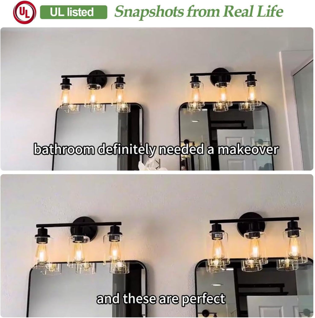 3-Light Bathroom Light Fixtures, 17.23" Black Modern Vanity Lights with Clear Glass Shade, Bathroom Wall Lamp for