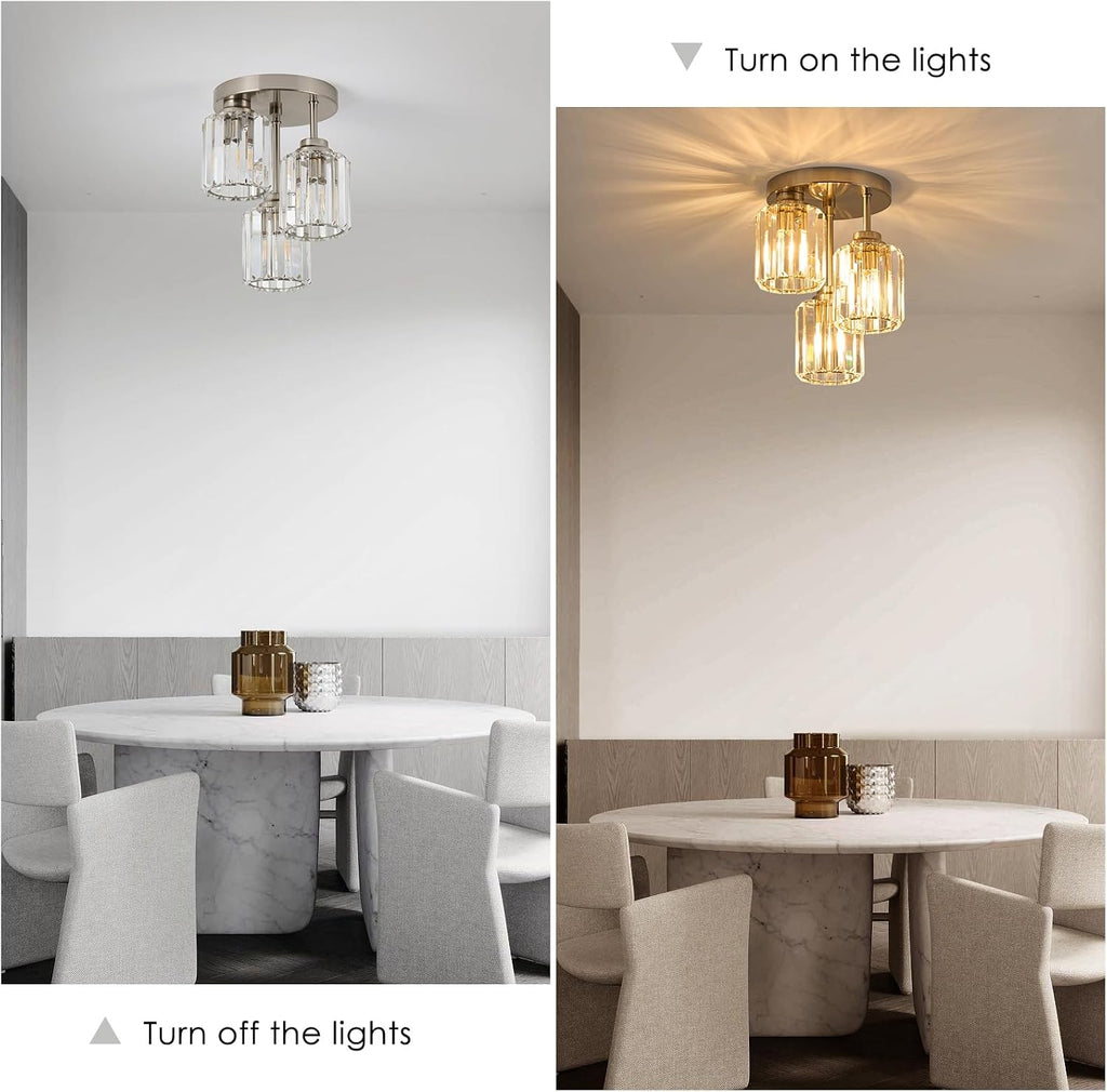 Brushed Nickel Semi Flush Mount Ceiling Light, 3-Light Modern Crystal Chandelier with Clear K9 Crystal Shades