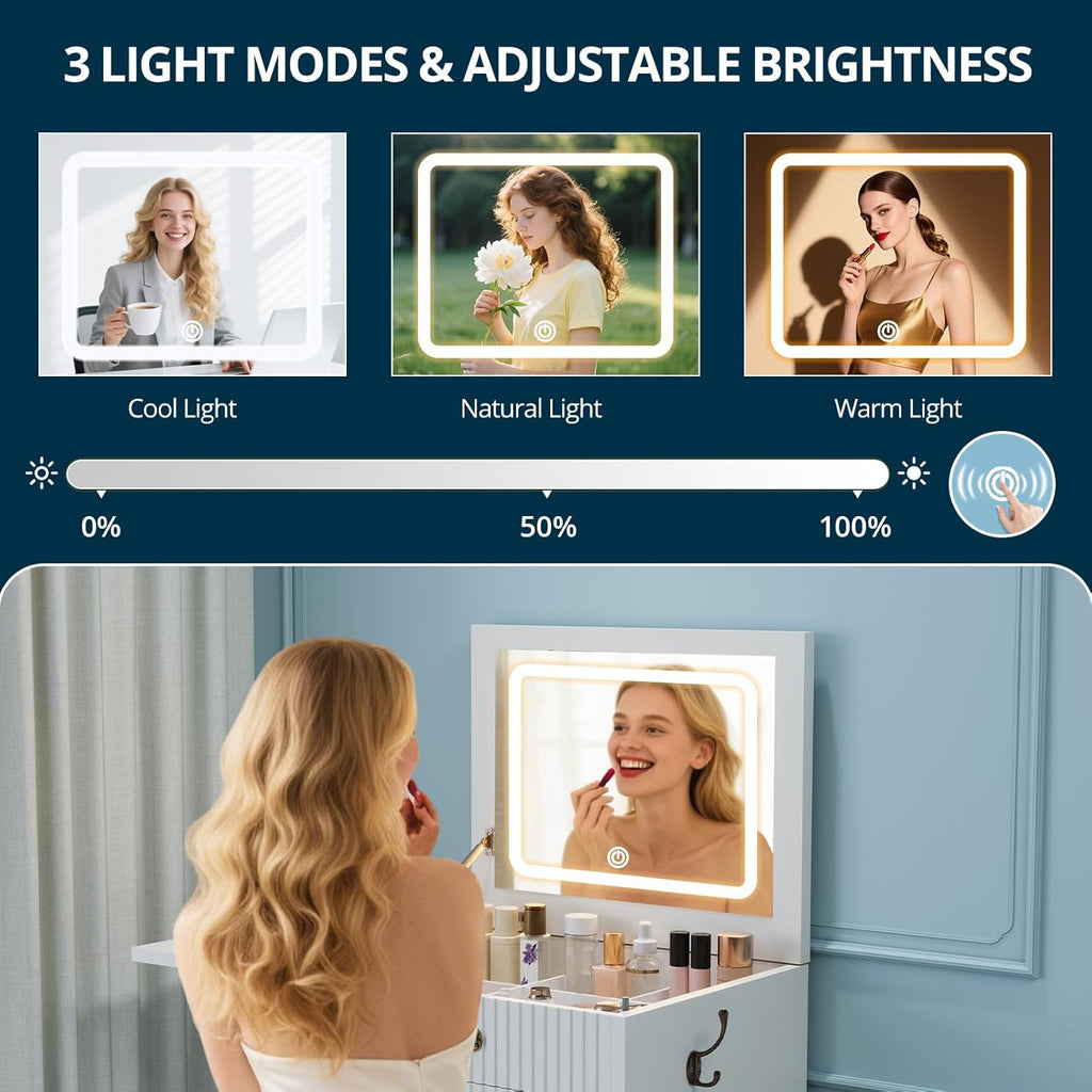 3-in-1 Vanity with Flip Mirror & Lights, Fluted Compact Vanity Table with 3 Drawers, Storage Compartment and Rolling