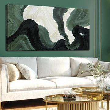 Modern Green Abstract Canvas Wall Art Fluid Wave Style Canvas Print in Dark Green Black and Beige Oversized Wall