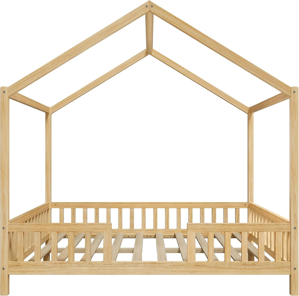 Full Size Montessori Toddler Floor Bed with Canopy and Roof,Wooden House Beds Frame for Kids,Montessori Floor Bed