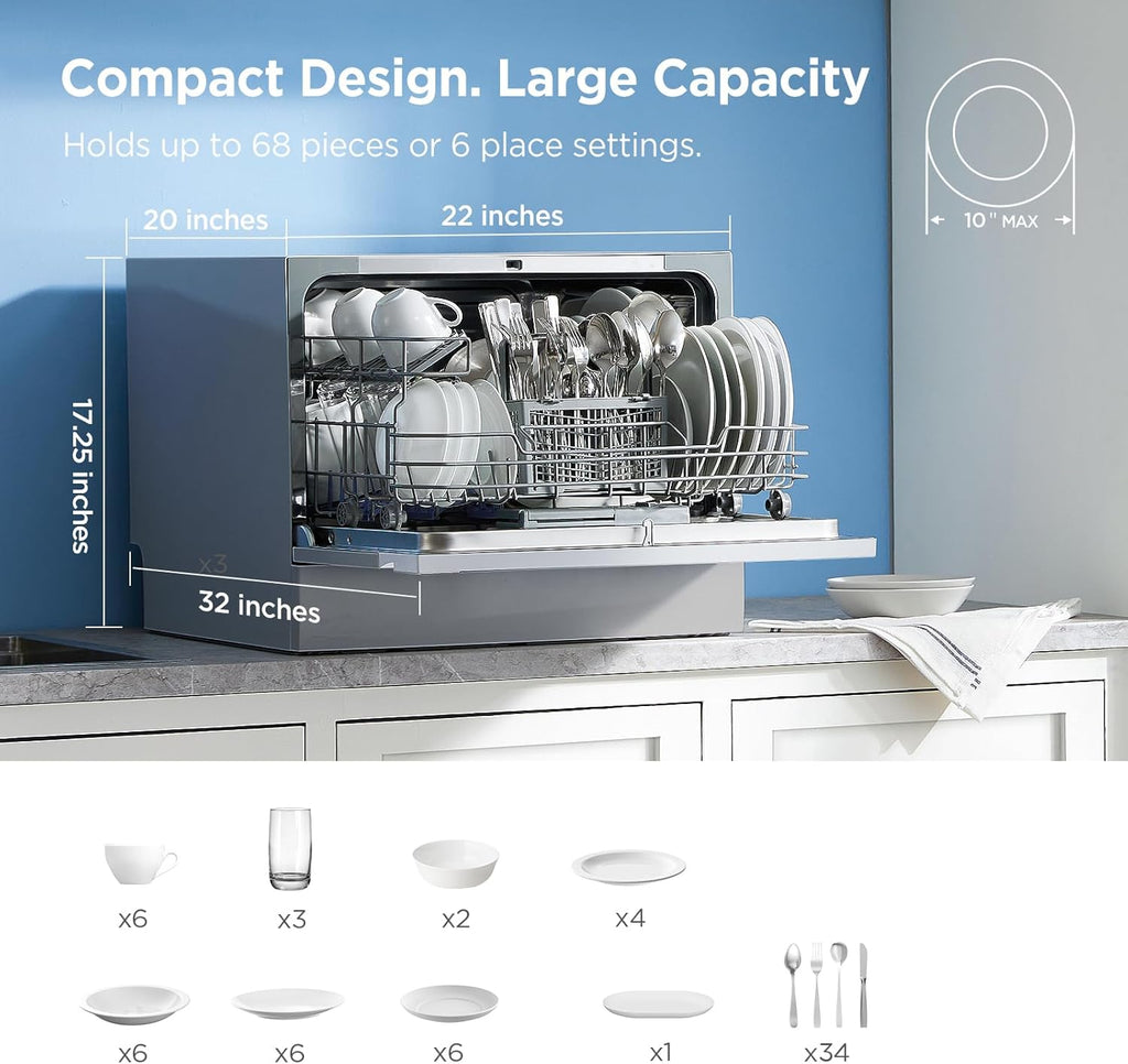 MDC22P2ASS Countertop Dishwasher, 6 Place Settings & 6+2 Washing Cycles Portable Dishwashers, Dish Washer for Dorm