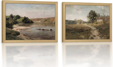 Framed Vintage Landscape Canvas Wall Art 2Pcs Rustic Prints Countryside River Artwork Gallery Style Posters Pictures