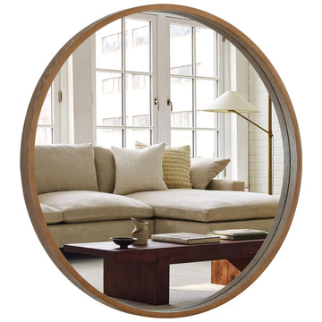 Round Wood Mirror, 32" Round Modern Decoration Large Circle Wall Mirror Living Room Bedroom Entryway, Walnut