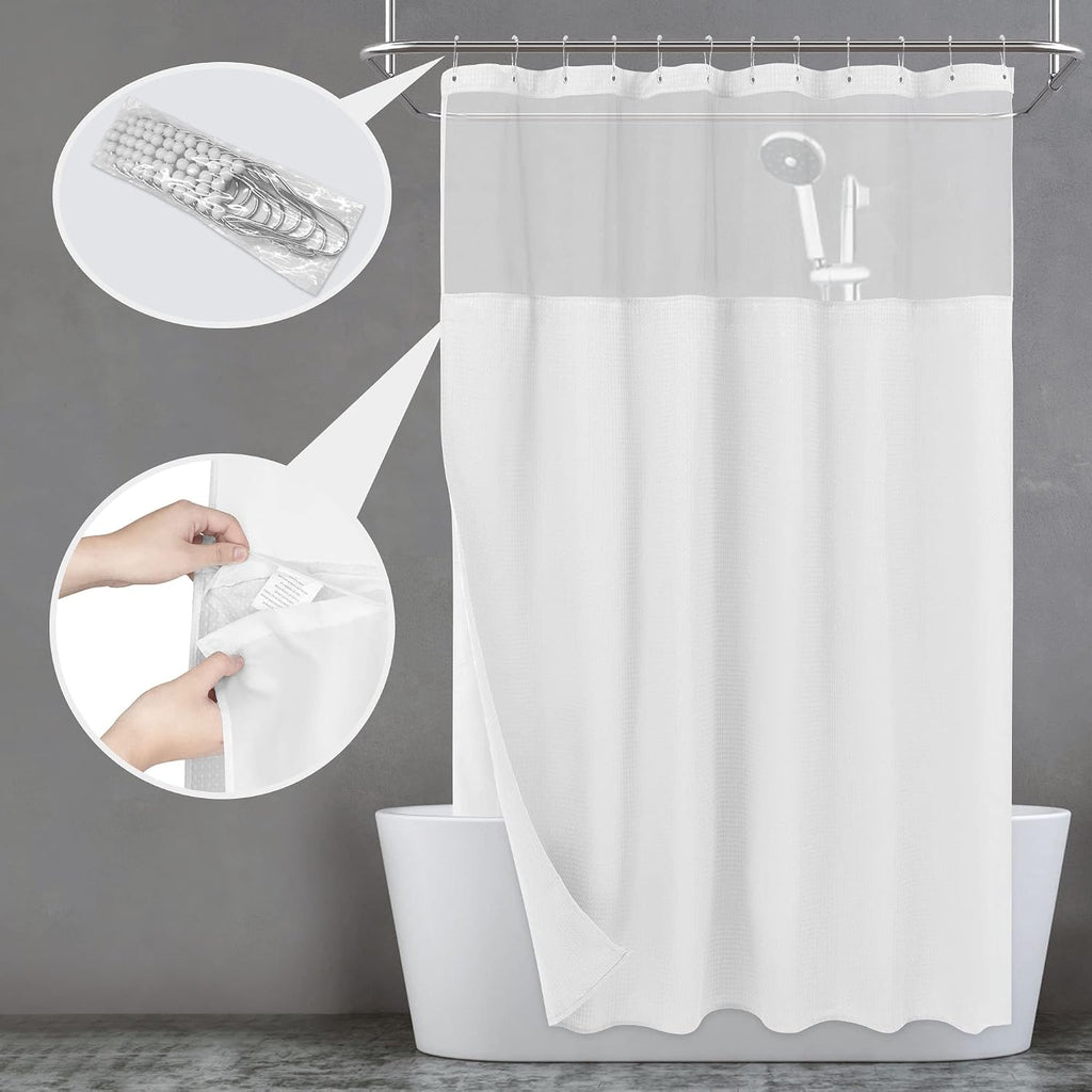 Waffle Weave Shower Curtain with Snap-in Liner Set White, 71x72 | 12 Metal Hooks Included, Snap on/off Fabric Liner