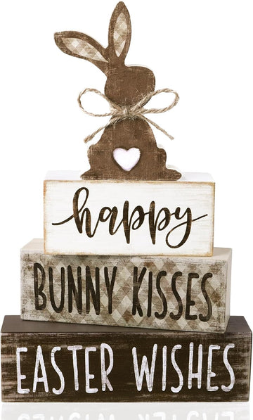Easter Tabletop Decorations Bunny Wooden Block Signs Gift Rustic Tiered Tray Decor Happy Easter Centerpiece - Set of 4