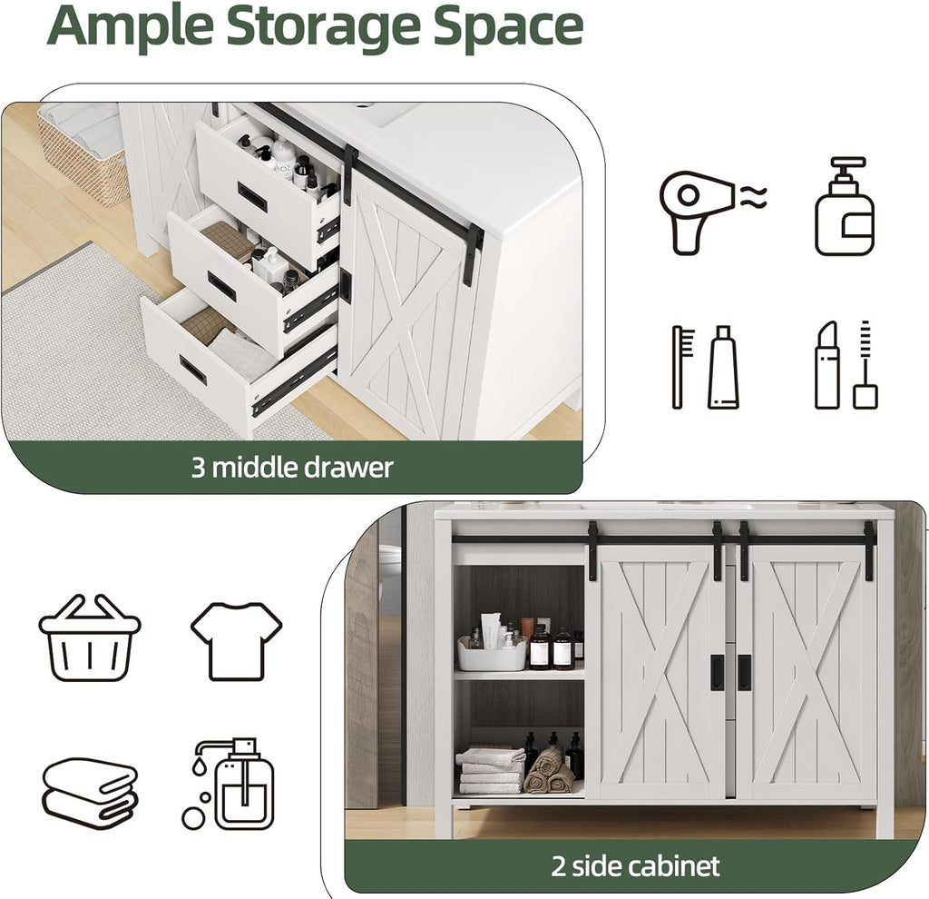 47.2 Inch Bathroom Vanity with Sink Combo, Farmhouse Sliding Barn Door Bathroom Vanity Cabinet