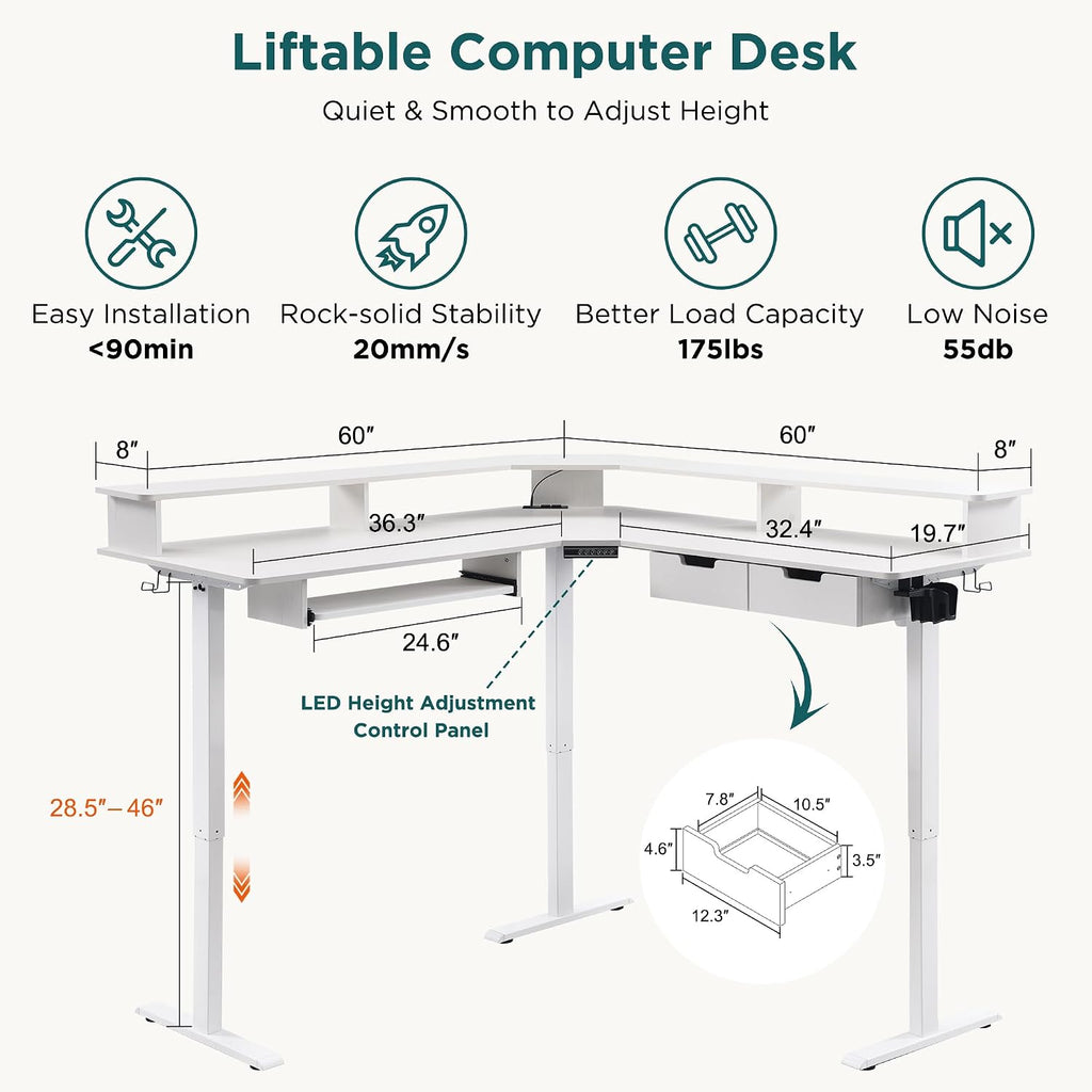 60 Inches L Shaped Electric Standing Desk 2 Tier, Antique White