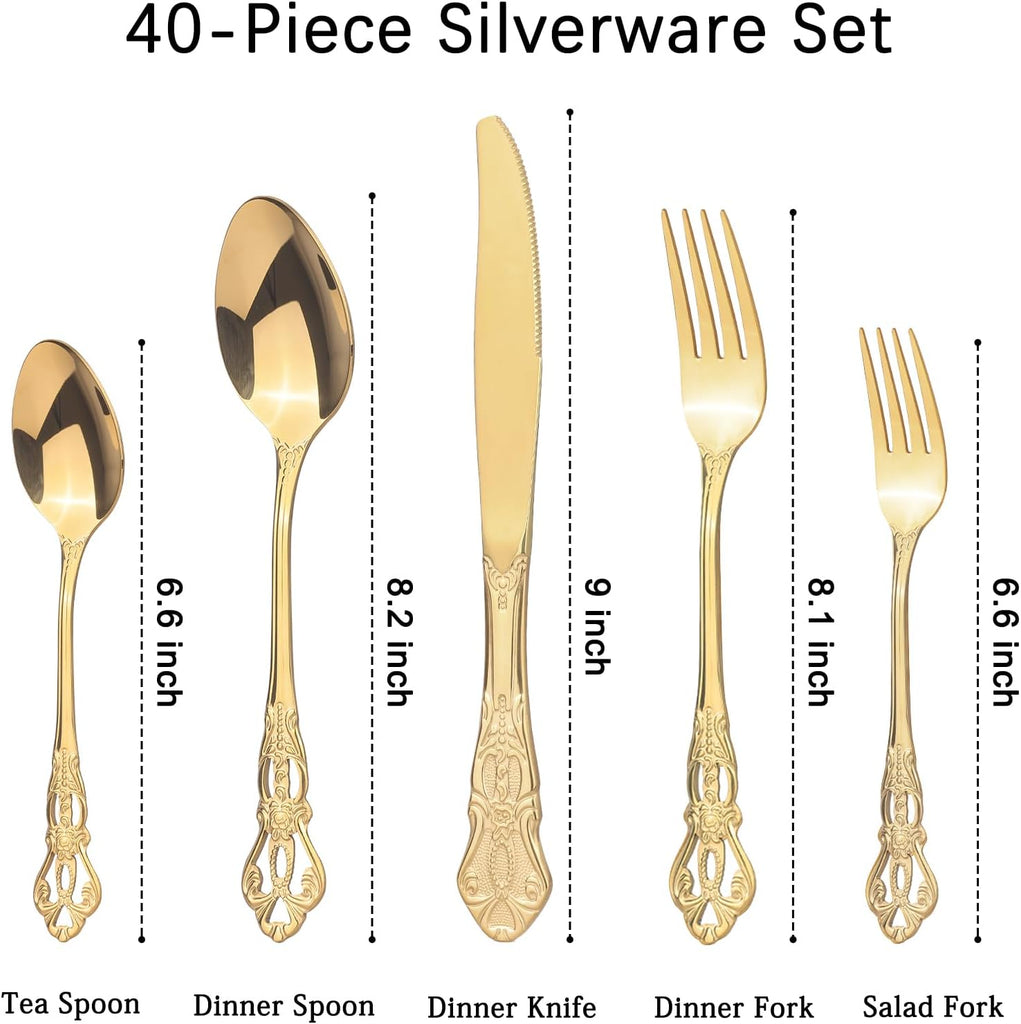 Retro Royal Gold Silverware Set With Gift Box For 8 Cutlery Set Utensils Stainless Steel Flatware 40 Pieces Kitchen