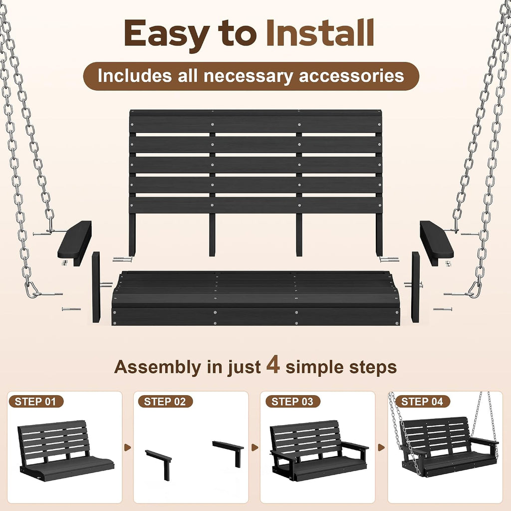 HDPE 2-Seat Outdoor Porch Swing, 660 LBS Hanging Swing Chair, Black | All-Weather & Fade Resistant, Adjustable