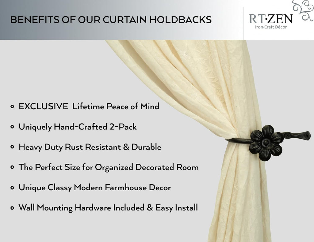 Decorative Metal Curtain Tiebacks - Farmhouse Wrought Iron Curtain Holdbacks - Drapery Holders for Wall - Unique