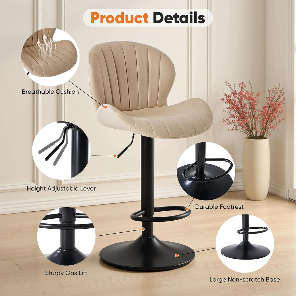 Bar Stools Set of 2, Modern Swivel Bar Chairs, Adjustable Fabric Upholstered Barstools Counter Height with Backrest