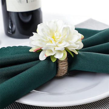 White Floral Napkin Rings,Rustic Rose Napkin Rings Flower Dinner Napkin Holder for Table Decoration - Set of 6