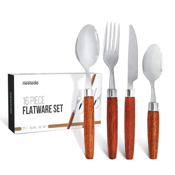 Wood Handle Silverware Set for 4, 16-Piece Stainless Steel Flatware