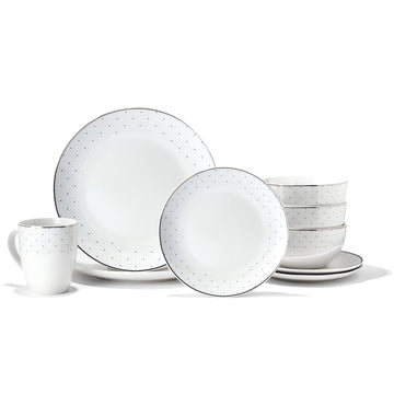 Adrienne Round Dinnerware Set - 16-Piece Porcelain Dinner Set w/ 4 Dinner Plates, 4 Salad Plates, 4 Bowls & 4 Mugs
