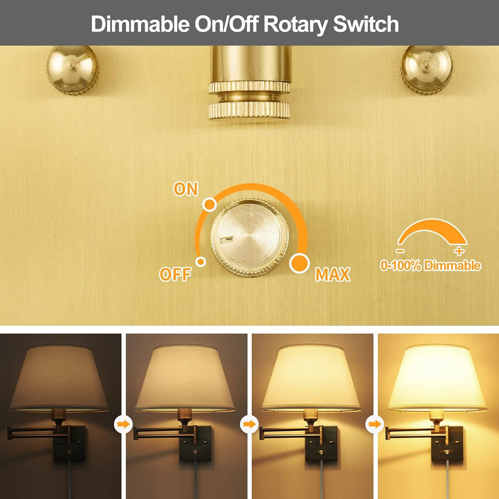 Dimmable Wall Sconce Plug in, Brushed Brass Wall Sconces Set of 2 Swing Arm Wall Lights with Plug in Cord and Dimmer