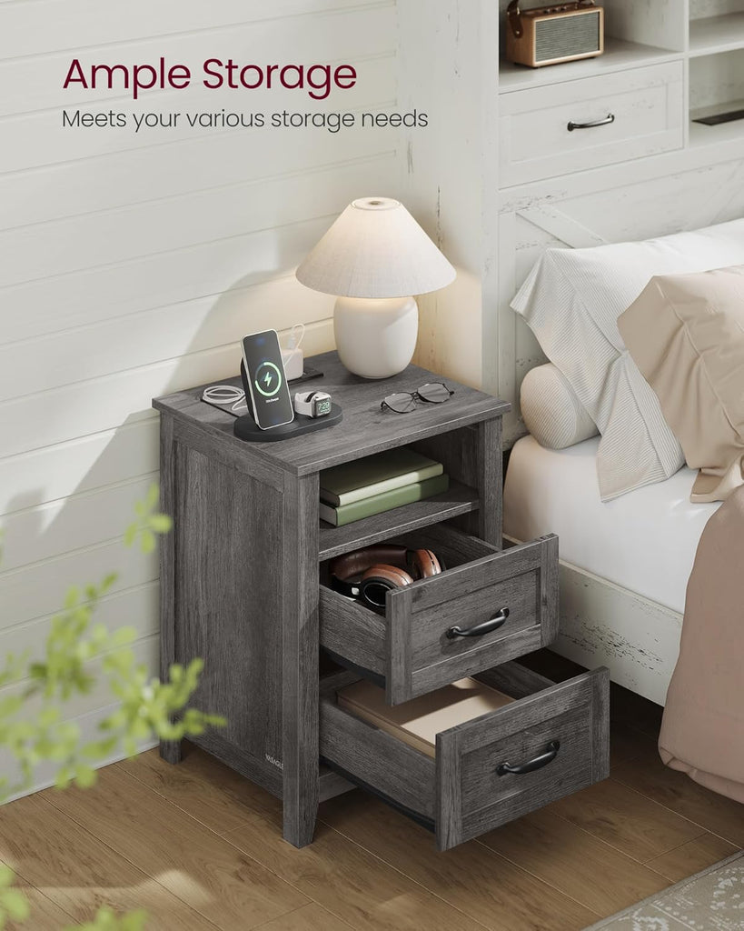 Farmhouse Nightstands with Charging Station, Set of 2 Bedside Tables, Side Tables with 2 Drawers, Open