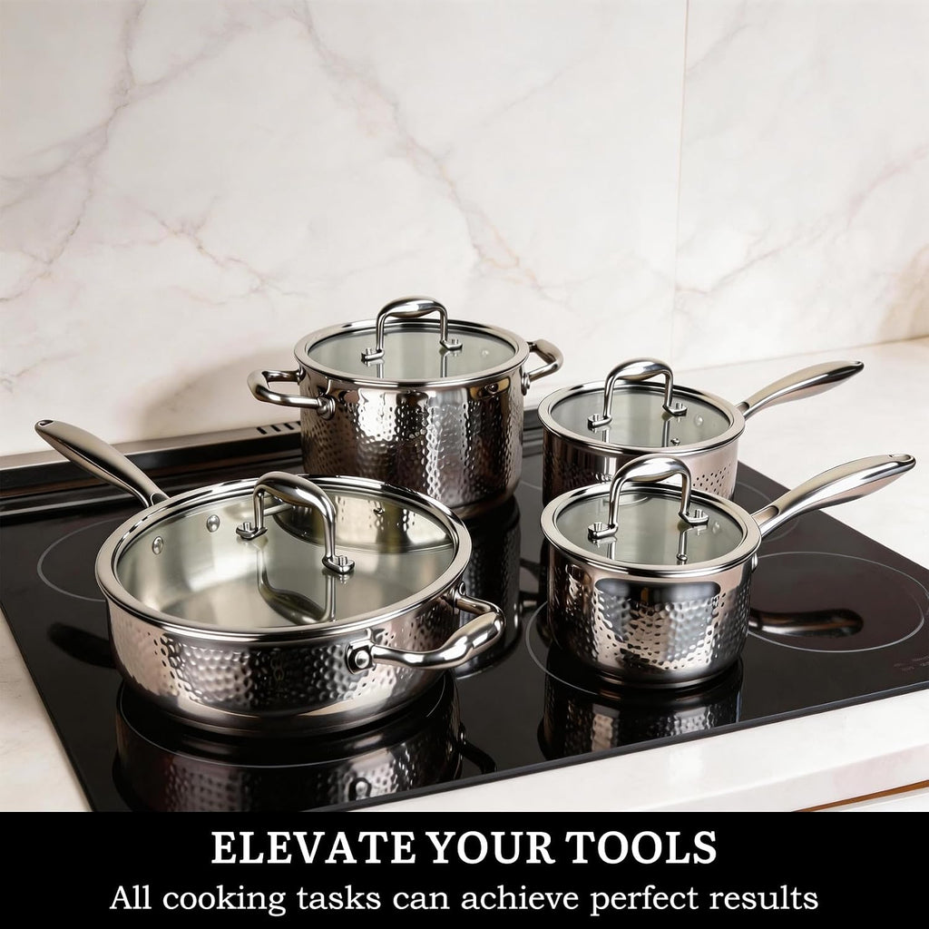 14-Piece Tri-Ply Hammered Stainless Steel Cookware Set | Multifunctional 14pc Pots and Pans with Steamer | Non-Toxic