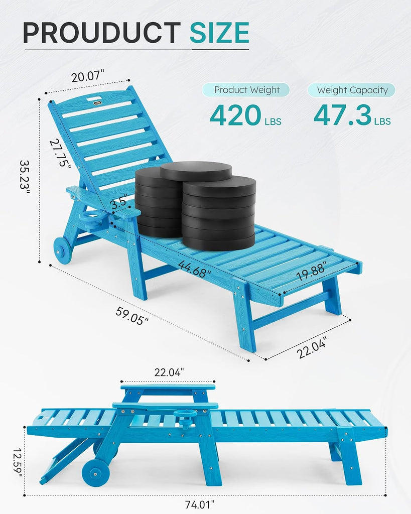 Patio Chaise Lounge Chair Outdoor with Wheels, Oversize Patio Lounge Chairs with Wood Texture, HDPE 6-Position