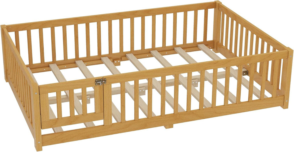 Full Size Montessori Floor Bed with Slats and Center Support Bar, Full Size Floor Bed with Door and Fence, Easy