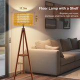 Boho Tripod Floor Lamp with Shelf, Double Lampshades Mid-Century Standing Lamps
