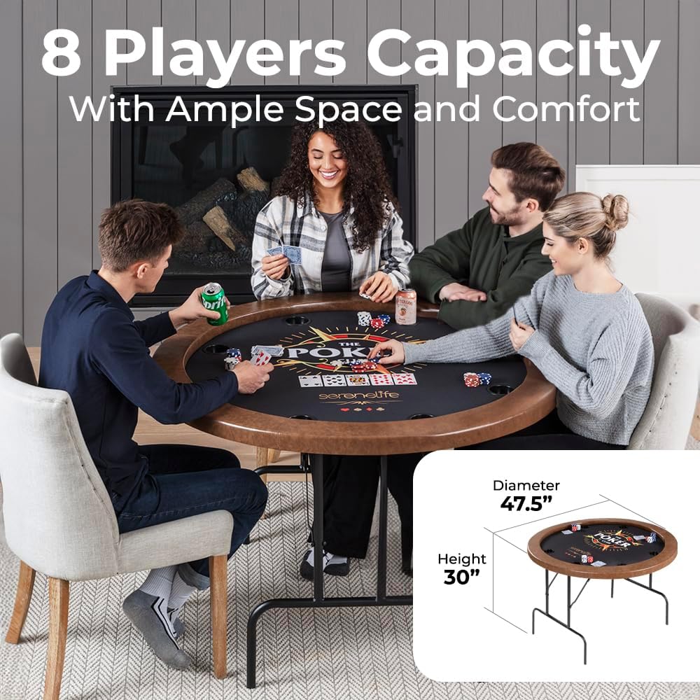 8 Player Round Foldable Poker Table, Casino Leisure Texas Holdem Table, w/Water Resistant Cushioned Rail, 8 Cup