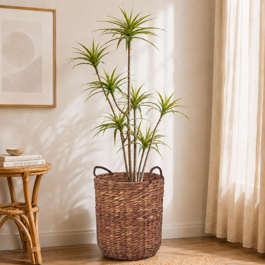 Round Woven Laundry Basket with Removable Liner, Handwoven Water Hyacinth Clothes Hamper Basket with Handles