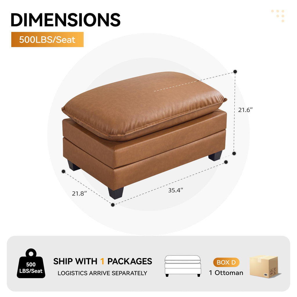 35'' Modern Leather Cloud Sofa Ottoman, Rectangle Ottoman for Modular Sectional Sofa, Leather Light Brown