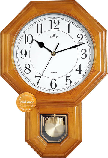 Traditional Schoolhouse Solid Wood Pendulum Wall Clock Chimes Hourly with Westminster Melody Chime (Natural Wood w/Westminster Chime)...
