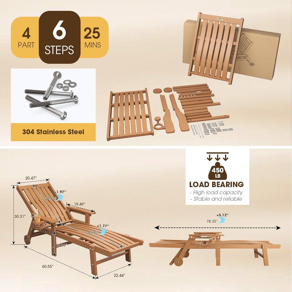 Patio Chaise Lounge Chair,HDPE Lounge Chair Outdoor with Wheels | Oversized pool lounge chairs with cup holder, 5