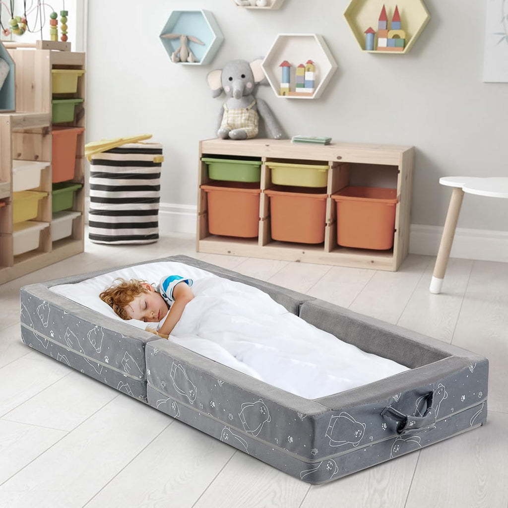 Portable Toddler Travel Bed - Foldable Soft Foam Floor Crib, Gery | Portable Toddler Floor Bed with Washable Cover