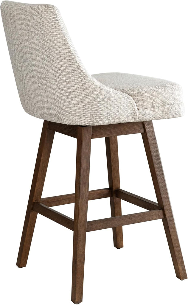 Branson Brown Solid Wood Upholstered 30" Bar Height Swivel Barstool with Beige Fabric Seat - Set of 2