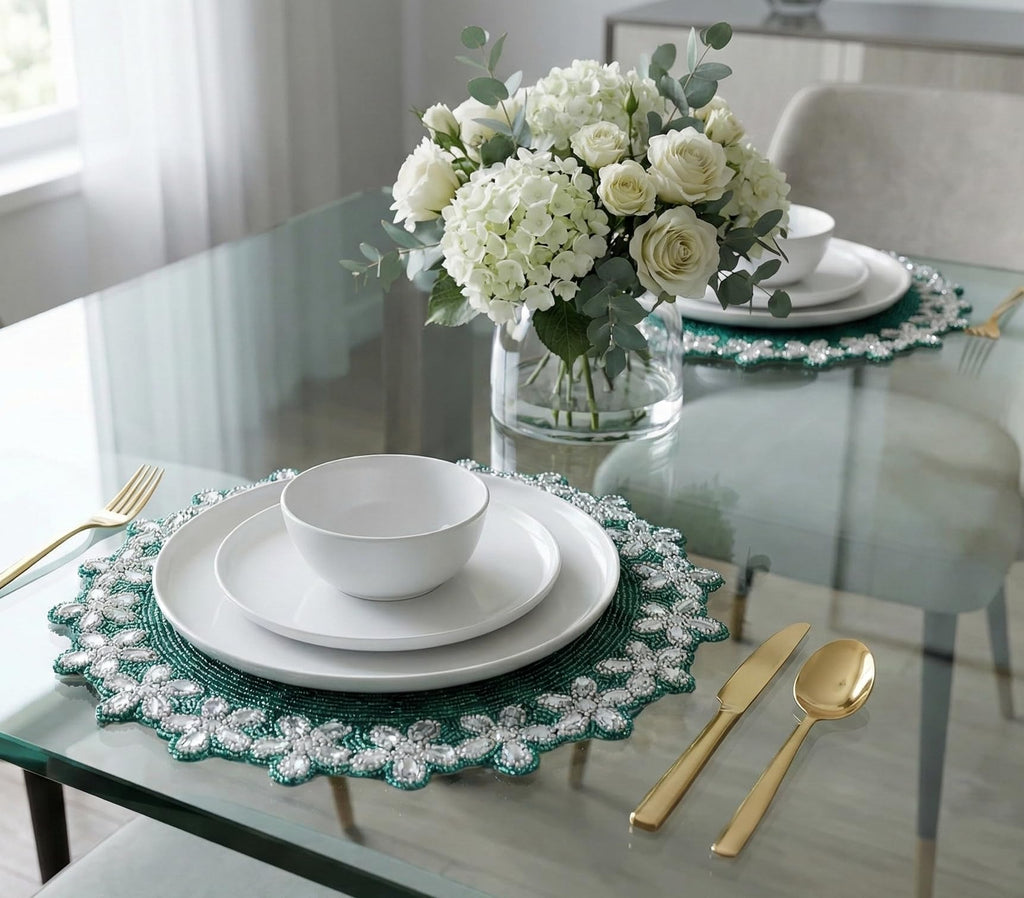 Beaded Placemats for Dining Table, 13 Inch Round, Handcrafted, Teal
