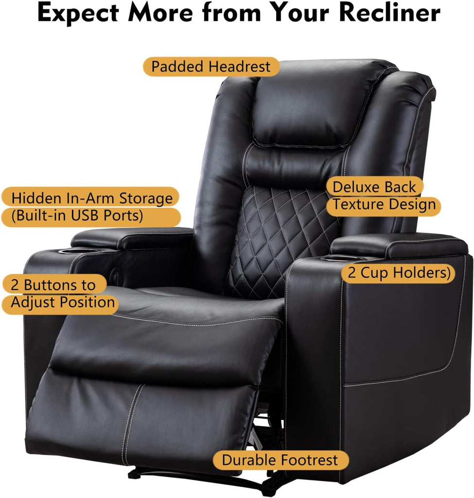 Electric Power Recliner Chair with USB Ports and Cup Holders, Breathable Leather Home Theater Seating with Hidden Arm