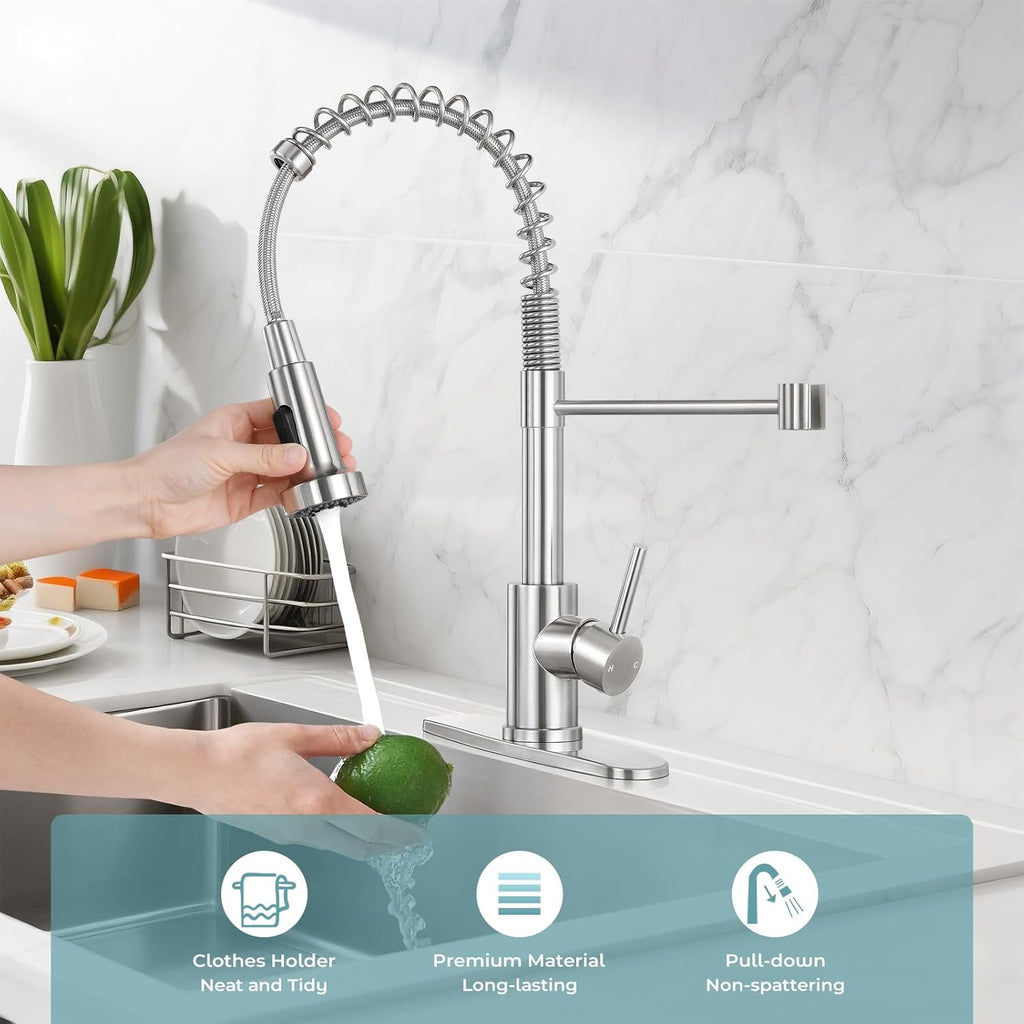 Kitchen Faucet with Pull Down Sprayer,Commercial Single Handle Stainless Steel Kitchen Faucets with Deck Plate (Brush