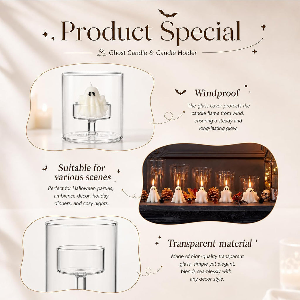 10 Pcs Halloween Glass Cylinder Hurricane Candle Holder with Halloween Ghost Candles, Clear Cylinder Pillar Candle
