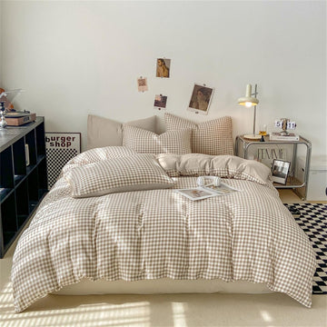 Gingham Duvet Cover Set Queen Brown Tan Plaid Checkered Bedding