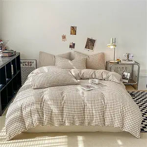 Gingham Duvet Cover Set Queen Brown Tan Plaid Checkered Bedding