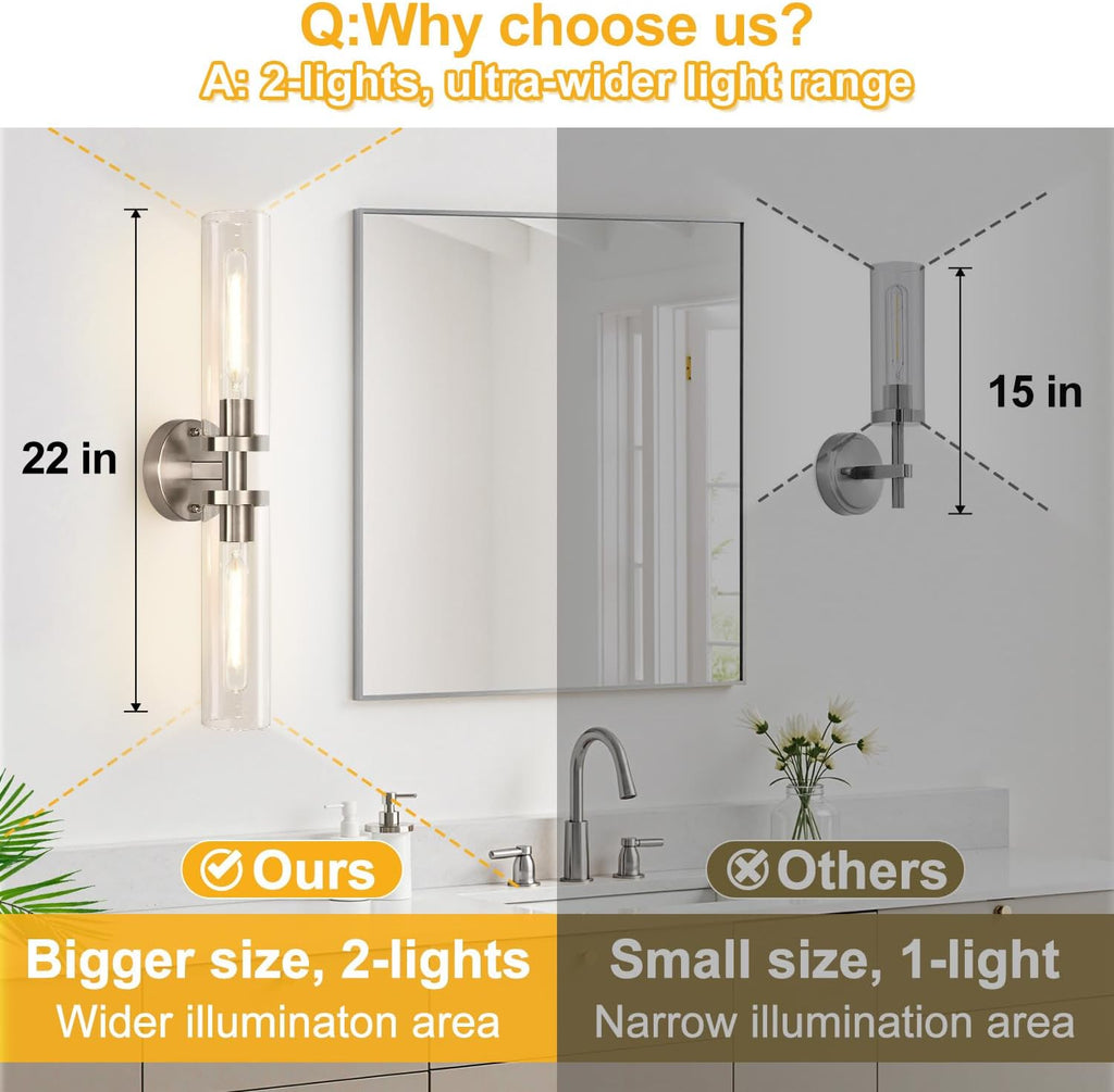 Brushed Nickel Wall Sconces, Hardwired Bathroom Sconces Vanity Light with Clear Glass, Modern Bathroom Vanity Lights