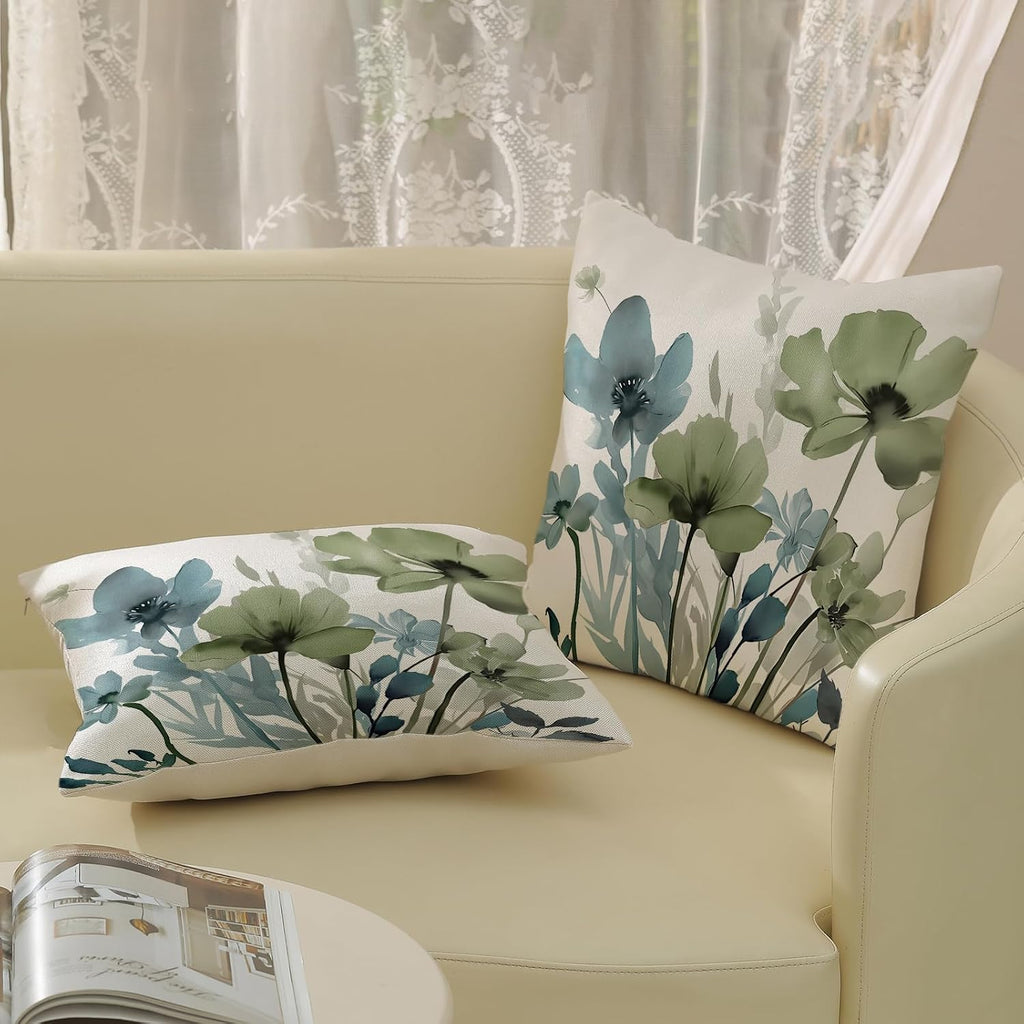 Spring Floral Pillow Covers 18x18 Inches Set of 2 Sage Green Blue Floral Throw Pillow Covers Outdoor Rustic Summer