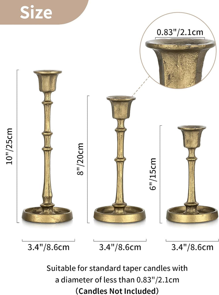 Cast Iron Candlestick Holders: Antique Brass Taper Candle Holders with Unique Drip Wax Aesthetics - Set of 3 Gold
