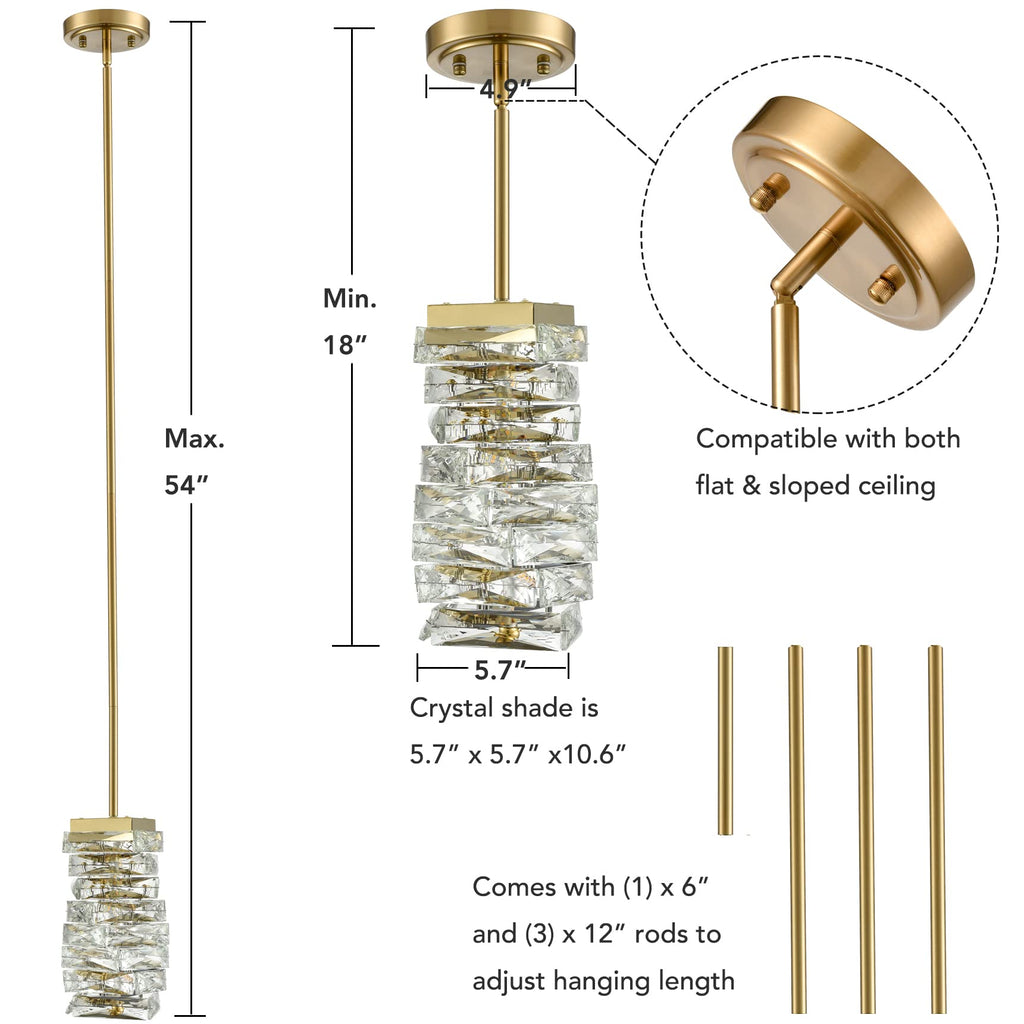 Modern Gold Mini K9 Crystal Pendant Light, Integrated Fixture