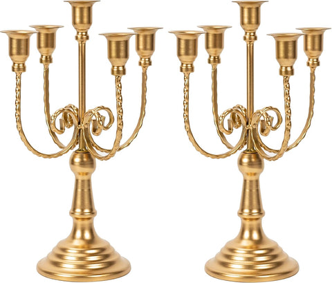 2Pcs Gold Candelabras Centerpieces for Tables, 11.8" Candlestick Holder for Taper Candles, 5 Arm Brass Candelabra