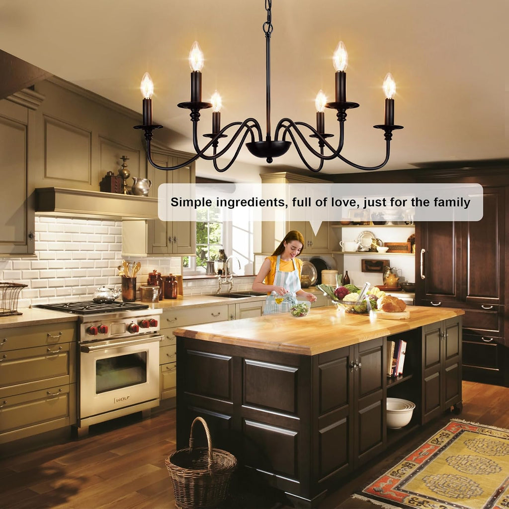Farmhouse Chandelier for Dining Room: 6-Light Black Industrial Kitchen Island Pendant Light Fixture - Rustic Candle