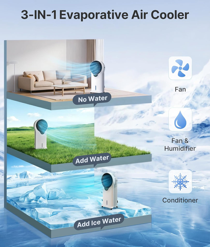 3-in-1 Evaporative Air Cooler - Portable Swamp Cooler Air Conditioner with 5.5L Water Tank & 2 Ice Packs, 3 Speeds