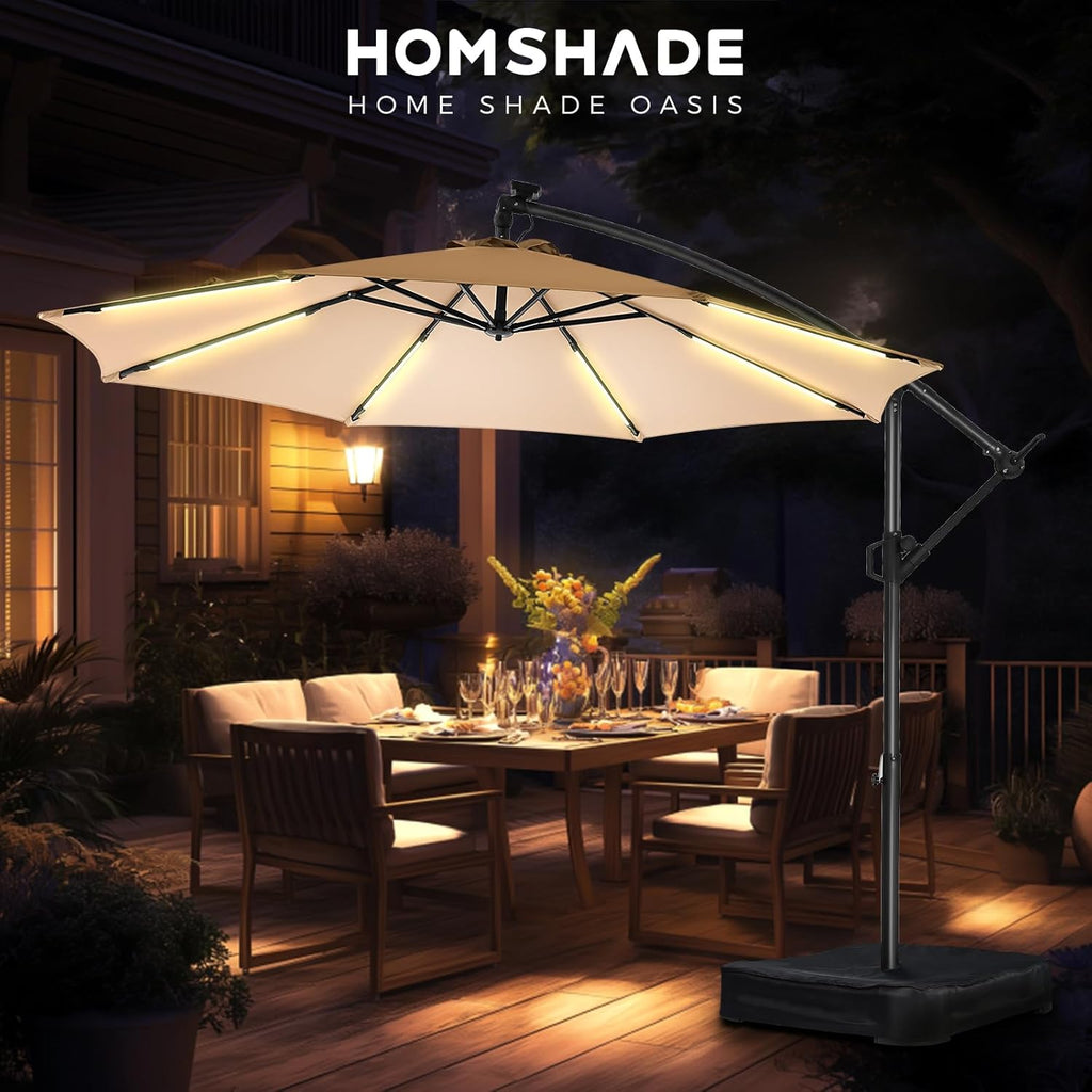 10 ft Offset Patio Umbrella with Solar Lights, LED Lighted Umbrella Outdoor Patio with Base Included - Beige
